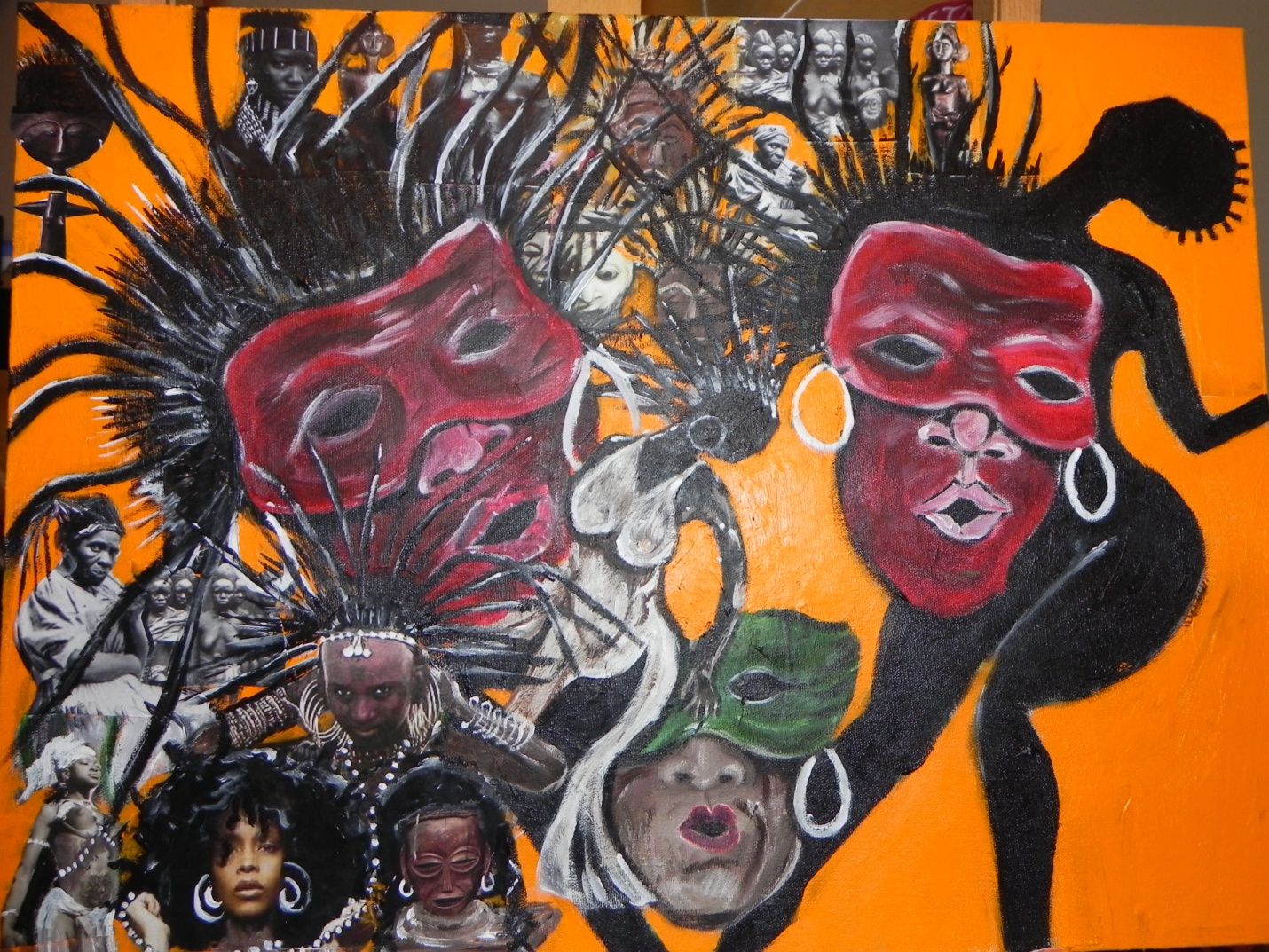 Mask Mask Mask, a collage of red masks on orange by Bryant Benoit